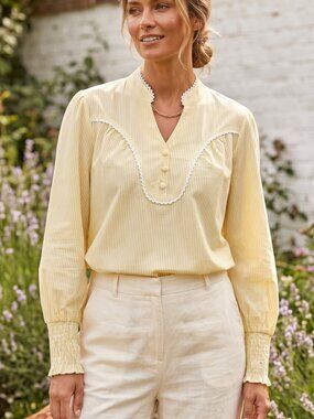 NWT | Falechay Yellow & White Striped V-Neck Lace Trim Long Sleeve Blouse | Smal